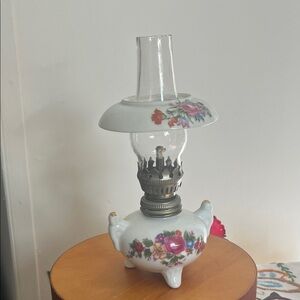 Floral Porcelain Oil Lamp with Glass Chimney